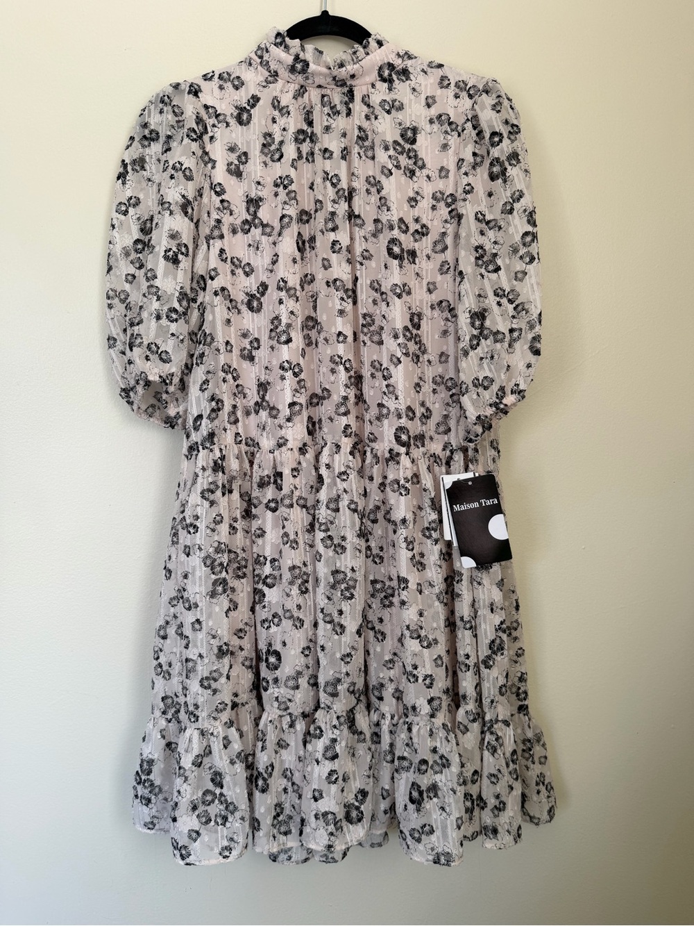 Maison Tara Cream Dress with Black Floral Print Size 12 NWT
